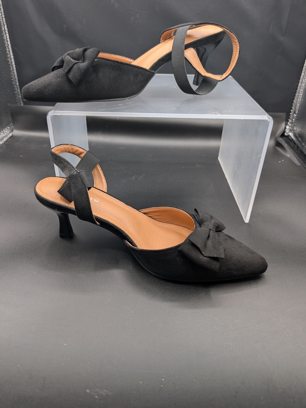Women's Black Bow Kitten Heel Slingback Pumps NWOT